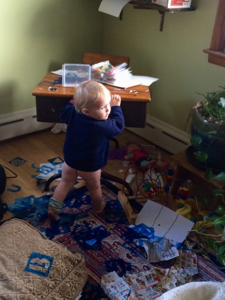 Less than 2 weeks before he died, the bare-bummed chaos master at work at his sister's desk.